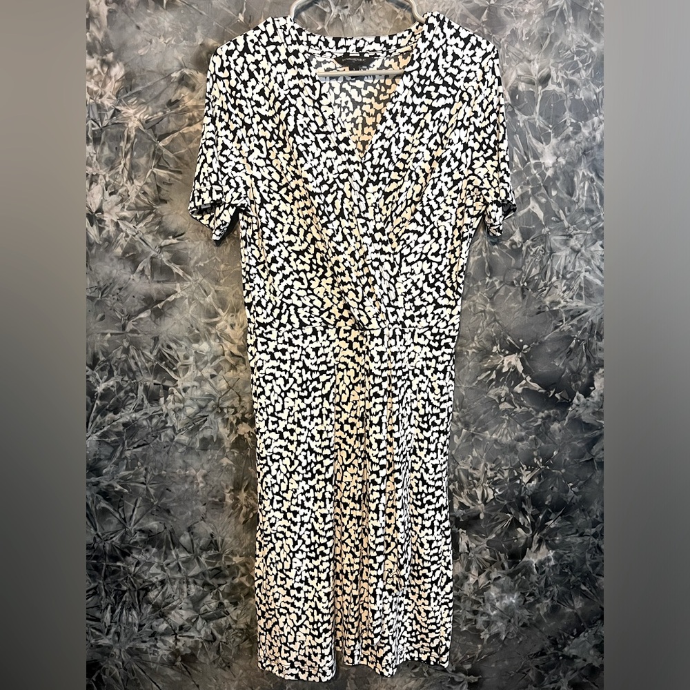 Banana Republic black & white abstract animal print 
V-neck faux wrap dress